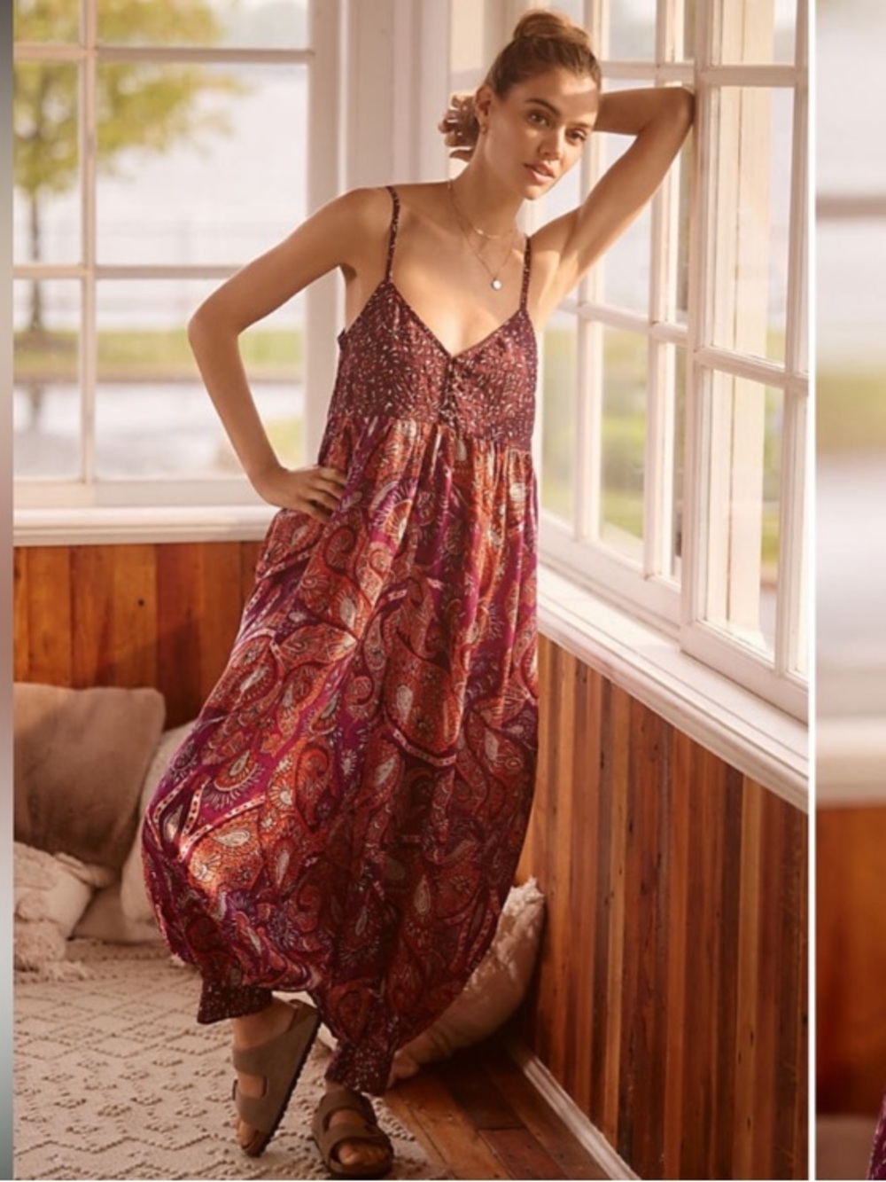 Anthropologie Red Paisley Spaghetti-Strap Jumpsuit
